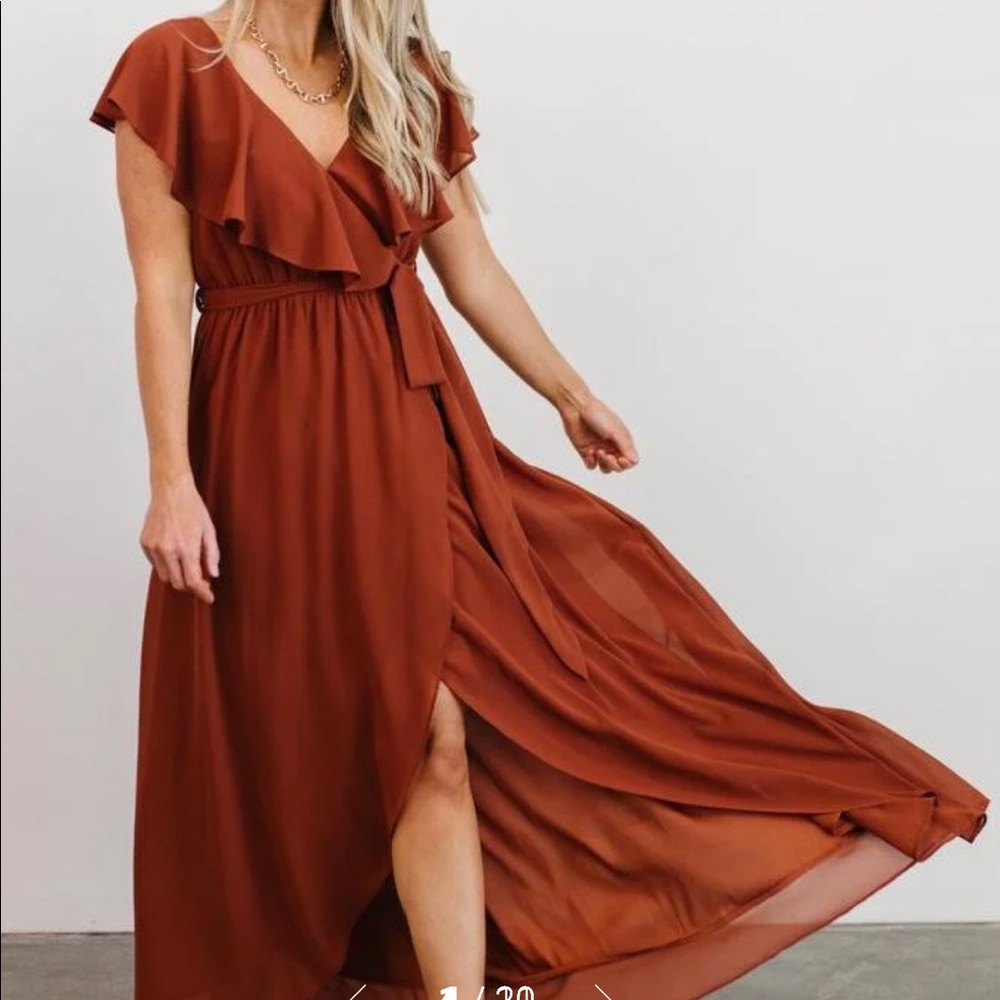 Baltic Born Katya ruffle maxi dress in color rust